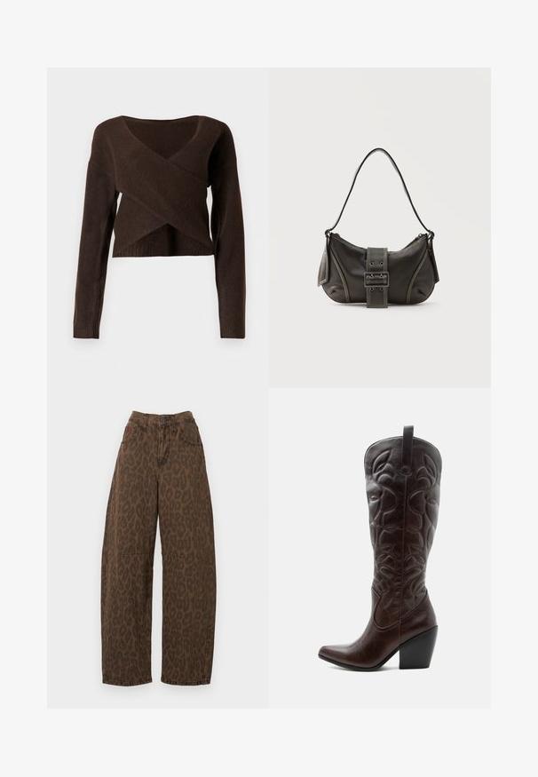 Brun cropped sweater lavet af blødt materiale, med en dyb V-halsudskæring, lange ærmer og et overlappende design foran.; Brune leopardmønstret vidde ben jeans med høj talje, knaplukning og to forlommer. Fremstillet af denimstof med en glat overflade.; Høj mørkebrun læder cowboystøvle med syede dekorative mønstre, spids tå og stablet blokhæle.; Sort læder skuldertaske med spænde på remmen, afrundede kanter og kontrasterende hvide syninger på en ensfarvet baggrund.