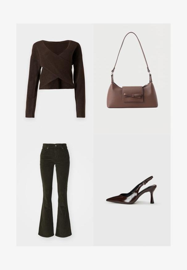 Brun cropped sweater lavet af blødt materiale, med en dyb V-halsudskæring, lange ærmer og et overlappende design foran.; Bredde corduroy bukser i mørkegrøn. Har for- lommer, knaplukning og et blødt, struktureret stof med ribbet mønster.; Brune patenterede læderslingback-sandaletter med spids tå, en tynd hæl og justerbar rem med en lille spænde.; Brun skuldertaske i læder med en frontlomme med klap, der har en sydd sløjfedetalje, og en justerbar rem.