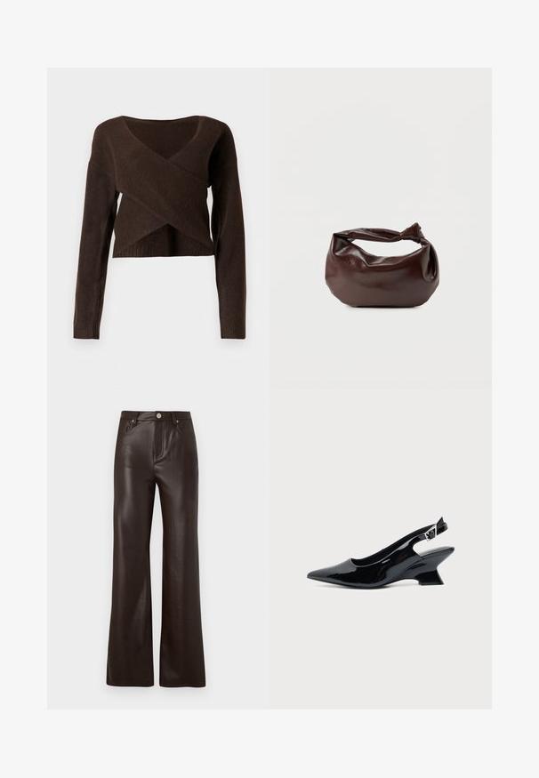 Bruine cropped trui van zacht materiaal, met een diepe V-hals, lange mouwen en een overlappend ontwerp aan de voorkant.; Vero Moda Wide-leg VMTESSA High rise - Broek - chocolate torte; Zwarte lakleren slingback schoen met spitse neus en lage schuine blokhak op een effen lichte achtergrond.; Donkerbruine leren schoudertas met een zachte, slungelige vorm en een gedraaide knoopvormige handgreep op een effen witte achtergrond.