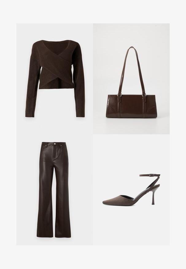 Bruine cropped trui van zacht materiaal, met een diepe V-hals, lange mouwen en een overlappend ontwerp aan de voorkant.; Vero Moda Wide-leg VMTESSA High rise - Broek - chocolate torte; Bruine suède hoge hakken met spits toelopende neus, dunne enkelriem en zilveren gesp op een witte achtergrond.; Bruine lakleren handtas met een rechthoekige vorm, twee lange handvatten en subtiele gebogen accenten aan de voorkant.