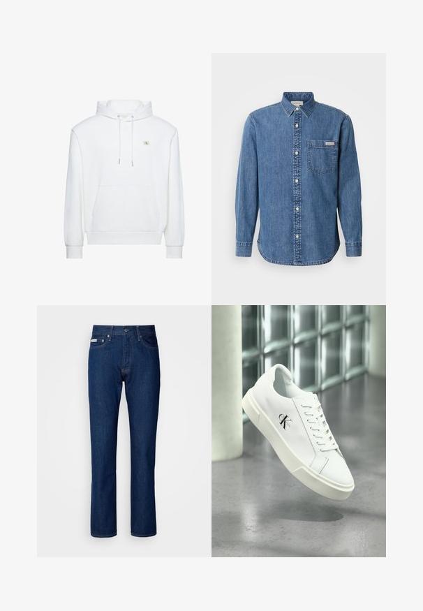 Biela mikina s kapucňou, predným vreckom a šnúrkami, s malým logom Calvin Klein na hrudi.; Džínsová košeľa v stredne modrej farbe s golierom na gombíky, dlhými rukávmi, prednou vreckom a bielymi gombíkmi. Má mierne zakrivený lem.; Tmavomodré džínsy s rovnými nohavicami, so zipsom a gombíkovým zapínaním, piatimi vreckami a jemnými švovými detailmi.; Biela teniska Calvin Klein so šnúrkami, zobrazená vznášajúca sa nad leštenou betónovou podlahou a stenou z sklenených blokov.