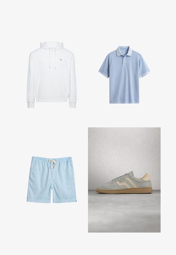 Sudadera blanca con capucha, bolsillo delantero y cordones, con un pequeño logo de Calvin Klein en el pecho.; Polo de manga corta de color azul claro con cuello, tapeta de dos botones y logo sutil en el pecho izquierdo sobre un fondo blanco liso.; Bañador azul claro de tejido suave, con cintura elástica, bolsillos frontales y cordón de ajuste para mayor comodidad.; Zapatilla de ante gris claro con detalles beige y suela de goma, flotando sobre un suelo de hormigón pulido cerca de una pared de bloques de vidrio.