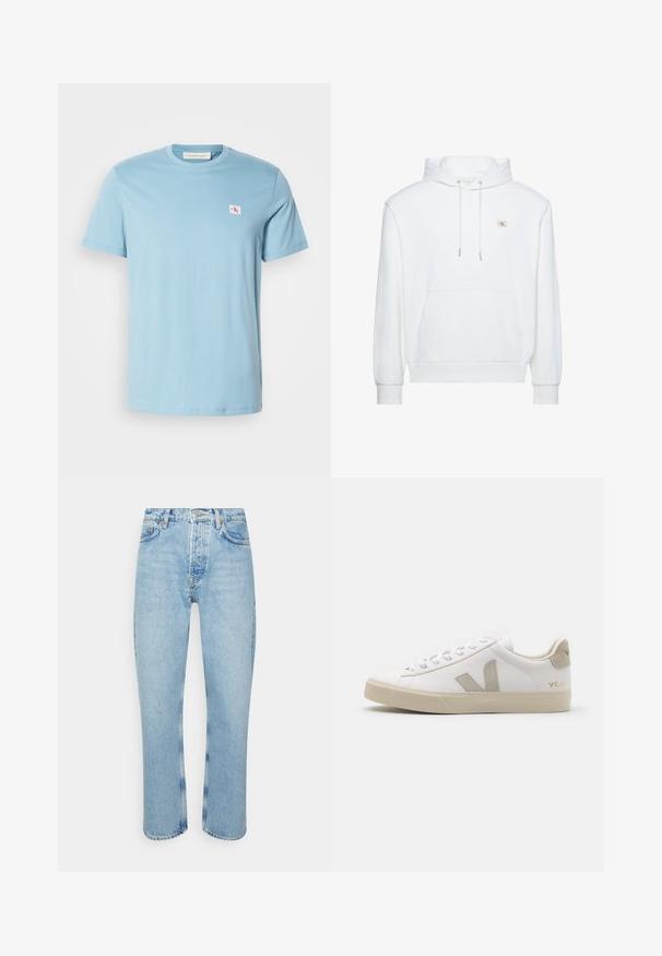 Biela mikina s kapucňou, predným vreckom a šnúrkami, s malým logom Calvin Klein na hrudi.; Svetlomodré bavlnené tričko s krátkymi rukávmi, okrúhlym výstrihom a malou nášivkou loga na ľavej hrudi. Hladká textúra a jednoduchý dizajn.; Svetlomodré denimové nohavice so rovnými nohavicami, vysokým pásom, dizajnom s piatimi vreckami a viditeľnými stehovými detailmi na švoch a lemoch.; Biele kožené tenisky s béžovými akcentmi, plochá gumová podrážka, okrúly špička a kontrastné logo na boku a zadnej časti. S viazaním.