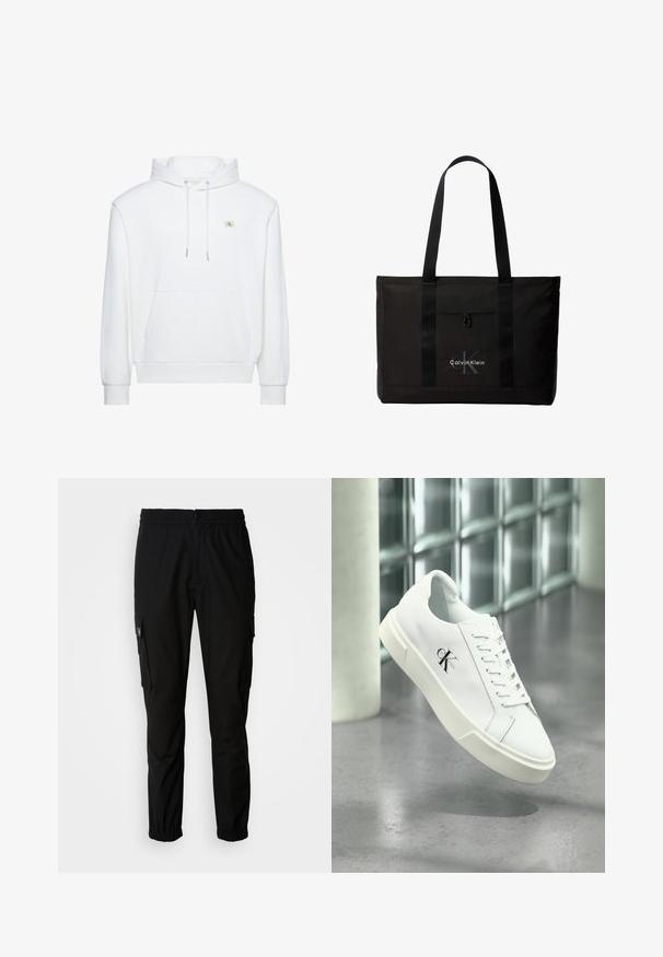 Sudadera blanca con capucha, bolsillo delantero y cordones, con un pequeño logo de Calvin Klein en el pecho.; Pantalones cargo negros de tela, con cintura elástica, cierre de botón y múltiples bolsillos laterales con solapas.; Zapatilla blanca Calvin Klein con cordones, mostrada flotando sobre un suelo de cemento pulido y un fondo de pared de bloques de vidrio.; Bolso tote negro de Calvin Klein con dos asas largas y bolsillo delantero, con el logo de la marca en blanco y gris.