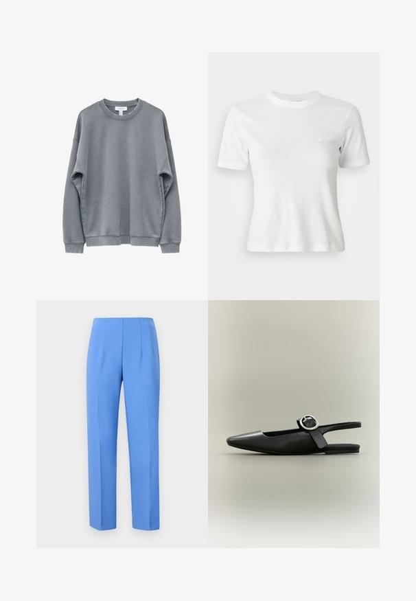 Graues Sweatshirt mit Rundhalsausschnitt, langen Ärmeln, gerippten Bündchen und Saum, vor weißem Hintergrund dargestellt.; Weiße, gerippte Kurzarm-T-Shirt mit Rundhalsausschnitt und kleinem Logo auf der Brust. Aus weichem Stoff gefertigt mit taillierter Passform.; Blaue, maßgeschneiderte Hosen aus glattem Stoff mit seitlichen Falten, geradem Schnitt und einem schlichten Bund. Keine sichtbaren Beschläge oder Muster.; Schwarzer spitzer flacher Slingback-Schuh mit silberner Schnalle und niedrigem Absatz auf neutralem Hintergrund.