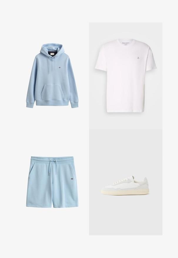 Sweat à capuche bleu clair avec poche devant, capuche réglable avec cordon, poignets et ourlet côtelés, et petit logo brodé sur la poitrine.; T-shirt blanc à manches courtes en coton avec un col rond et un petit logo gris sur la poitrine. Texture lisse, coupe classique.; Short en coton bleu clair avec taille côtelée, cordon ajustable, poches latérales et petit logo brodé sur le devant droit.; Baskets blanches avec dessus en daim et cuir texturé. Caractérisées par un bout arrondi, une fermeture à lacets et une semelle en caoutchouc beige contrastante.