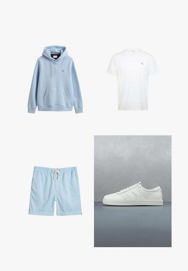 Sudadera con capucha azul claro con bolsillo frontal tipo canguro, capucha con cordón ajustable, puños y dobladillo acanalados y pequeño logo bordado en el pecho.; Camiseta blanca de manga corta con cuello redondo y pequeño parche con el logo rojo y negro de Calvin Klein en el pecho izquierdo.; Bañador azul claro de tejido suave, con cintura elástica, bolsillos frontales y cordón de ajuste para mayor comodidad.; Zapatilla baja blanca con detalle de cordones, paneles de cuero texturizado y un sutil logotipo en el costado, sobre un fondo claro y liso.