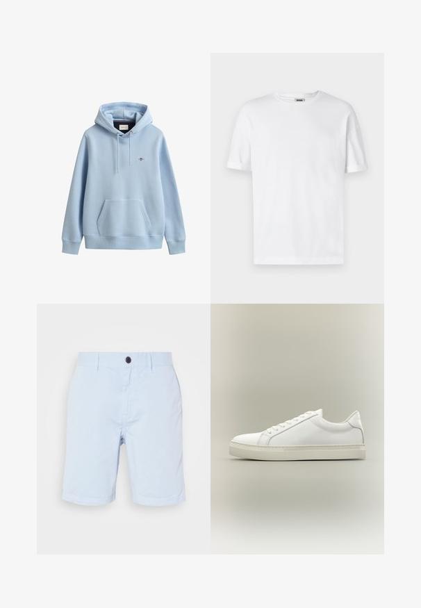 Hellblauer Hoodie mit Kängurutasche vorne, verstellbarem Kordelzug an der Kapuze, gerippten Bündchen und Saum sowie kleinem gesticktem Logo auf der Brust.; Weißes Baumwoll-T-Shirt mit Rundhalsausschnitt, kurzen Ärmeln und umgeschlagenen Bündchen; schlichtes Design, weiche Textur und gerade geschnitten.; Hellblaue Baumwollshorts mit einem vorderen Knopfverschluss, Gürtelschlaufen und geradem Schnitt. Glatte Textur ohne sichtbare Muster.; Weißer Sneaker mit niedrigem Schaft, vorn mit Schnürung und dicker Sohle, aus der Seitenansicht vor neutralem Hintergrund.