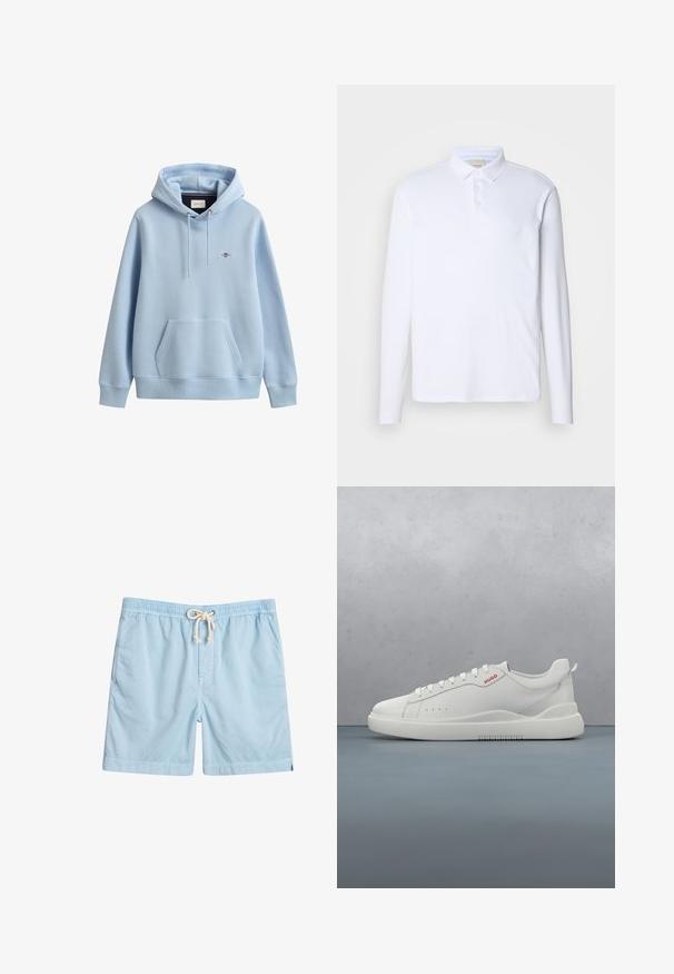 Sudadera con capucha azul claro con bolsillo frontal tipo canguro, capucha con cordón ajustable, puños y dobladillo acanalados y pequeño logo bordado en el pecho.; Camisa polo blanca de manga larga hecha de una tela suave, con un cuello clásico, una tapeta de tres botones y un sutil logo en el pecho.; Bañador azul claro de tejido suave, con cintura elástica, bolsillos frontales y cordón de ajuste para mayor comodidad.; Zapatilla blanca con un acabado de cuero liso, punta redonda, cuatro ojales, perforaciones sutiles y un detalle de logo rojo en el lateral.