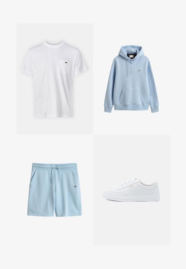 Sudadera con capucha azul claro con bolsillo frontal tipo canguro, capucha con cordón ajustable, puños y dobladillo acanalados y pequeño logo bordado en el pecho.; Camiseta de algodón blanca con escote redondo y mangas cortas. Cuenta con un bolsillo en el pecho izquierdo y un pequeño logo verde de Lacoste.; Pantalones cortos de algodón azul claro con cintura acanalada, cordón ajustable, bolsillos laterales y pequeño logo bordado en la parte delantera derecha.; Zapatillas de cuero blanco con textura suave, puntera redondeada y costuras tonales. Cuentan con cordones azules y un logo dorado en el lateral.