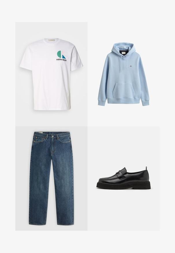 Lyseblå hættetrøje med frontlomme, justerbar snøre i hætten, ribkant ved manchetter og kant samt lille broderet logo på brystet.; Hvid bomulds-t-shirt med et multicolor grafisk design med cirkulære former og "Calvin Klein" logo på forsiden. Korte ærmer, rund hals.; Mørkeblå denim jeans med lige pasform, fem lommer, synlige syninger og en metalknaplukning i taljen. Stof af medium vægt.; Sorte læder loafersko i stil med flad, tekstureret sål, med en syet tå og en rem over vristen.