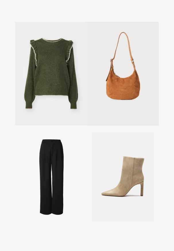 Pull olive à manches longues avec des accents froncés aux épaules. Présente un col rond et une bordure blanche au bas et au col.; Pantalon noir taille haute à jambes larges avec plis sur le devant, fermeture par bouton et fermeture éclair, conçu pour une coupe décontractée.; Zign Bottines à talons hauts - beige; Sac à main en daim beige avec un design incurvé, une bandoulière ajustable, une fermeture éclair en métal et un détail de logo embossé à l'avant.
