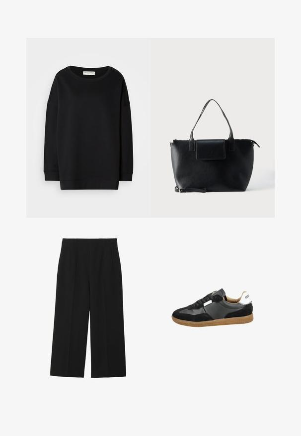 Zwarte sweatshirt met een ronde hals, lange mouwen en een relaxed fit. Gemaakt van zachte stof met een gladde textuur en minimale stiksels.; Zwarte wijde broek gemaakt van een gladde stof, met twee voorkruiszakken, een vlakke voorkant en een ritssluiting aan de zijkant.; Zwarte sneaker van suede en leer, voorzien van een rubberen zool, opvallende veters en een witte accen t bij de hiel.; Zwarte leren totebag met twee handvatten, een afneembare band, magnetische klepsluiting en een gladde textuur. Rits aan de bovenzijde en sierstiksels.