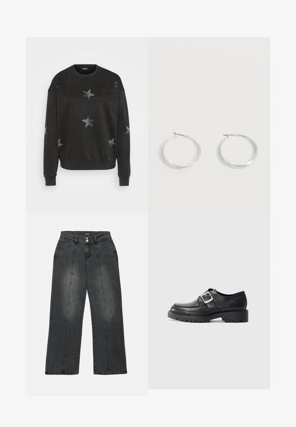 Sweat-shirt noir avec des motifs d'étoiles argentées, col rond et poignets côtelés. Fabriqué en tissu doux avec une coupe décontractée.; Jean large en denim gris foncé, avec une taille haute, deux poches avant, des coutures centrales et un léger dégradé sur le tissu.; Chaussures en cuir noir avec un bout arrondi, présentant un détail de boucle sur le côté et une semelle épaisse et robuste. Texture lisse avec peu de coutures.; Boucles d’oreilles créoles en métal argenté avec une surface lisse légèrement incurvée et des fermoirs à clapet sur un fond blanc uni.