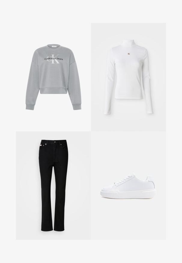 Sudadera gris claro recortada con mangas largas, con el logo "cK" en blanco y "Calvin Klein Jeans" en negro centrado en el frente.; Top de cuello alto de manga larga en color blanco, hecho de material acanalado. Presenta un pequeño logo bordado en el centro. Diseño ajustado y sin patrones.; Vaqueros negros de pierna recta con botón y cremallera en la parte delantera, pasadores para cinturón y estilo de cinco bolsillos.; Zapatilla blanca de corte bajo con cierre de cordones, suela gruesa y parte superior lisa, mostrada desde el lado exterior sobre un fondo claro y sencillo.