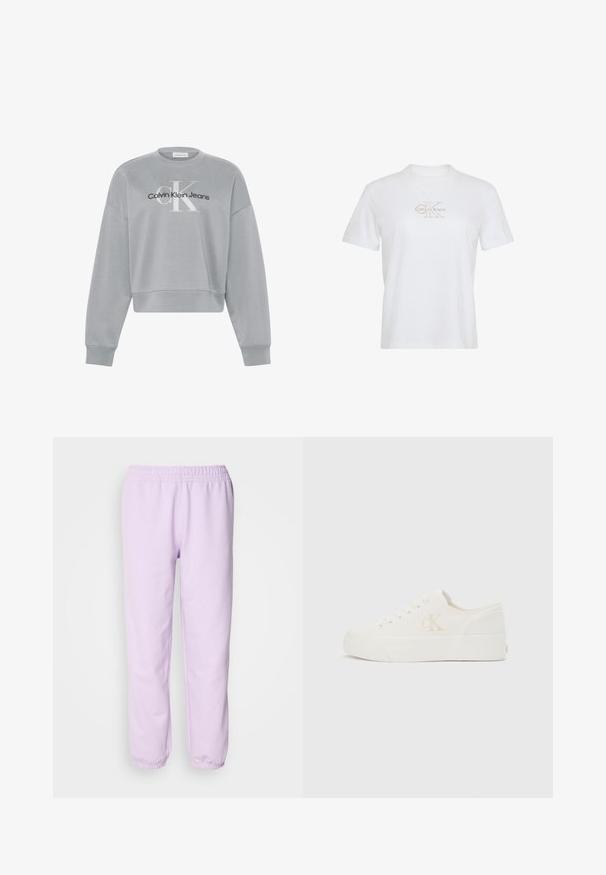 Vaaleanharmaa lyhyt collegepaita, jossa on pitkät hihat ja valkoinen "cK"-logo sekä musta "Calvin Klein Jeans" -logo keskellä etupuolella.; Valkoinen puuvillainen t-paita, jossa lyhyet hihat, pyöreä pääntie ja edessä kullanvärinen painettu Calvin Klein -logo.; Hellelilla joggebukser laget av myk stoff, med elastisk midjebånd og elastiske mansjetter ved anklene. Enkelt design, uten mønstre.; Valkoinen matala tennari, jossa paksu pohja ja sivulla "cK"-logo, nauhallinen edessä ja minimalistinen muotoilu neutraalilla taustalla.