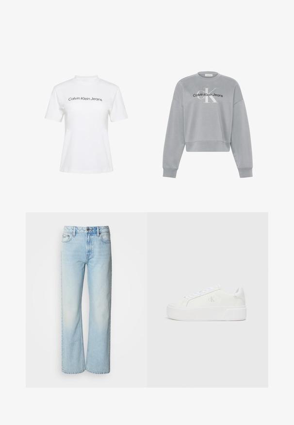 Lysegrå cropped sweatshirt med lange ærmer, der har hvid "cK" og sort "Calvin Klein Jeans" logo centreret på forsiden.; Hvid bomulds-T-shirt med rund hals og korte ærmer, med teksten "Calvin Klein Jeans" i sort tryk på tværs af brystet.; Lyseblå brede jeans lavet af denim med et klassisk fem-lomme design og en subtil falmet tekstur. Denim-syninger er synlige.; Hvide platform sneakers med en glat læderoverdel, rund tå, hvide snørebånd og diskret logo-detalje på siden. Flad gummisål.