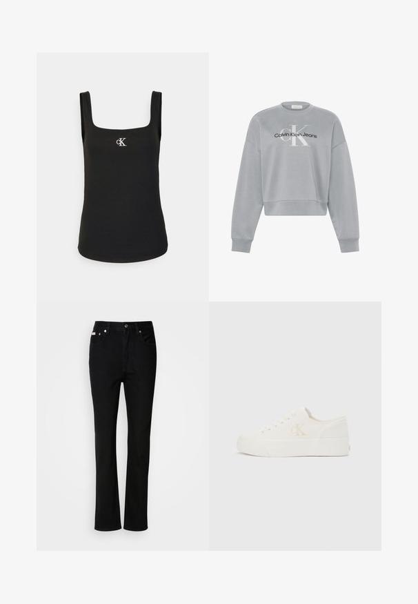 Lysegrå cropped sweatshirt med lange ærmer, der har hvid "cK" og sort "Calvin Klein Jeans" logo centreret på forsiden.; Sort ærmeløs ribbet tanktop med firkantet halsudskæring og lille hvidt CK-logo midt på brystet.; Sorte lige ben jeans med frontknap og lynlås, belteklip og fem-lomme design.; Hvid lavt snøresko med tyk sål og "cK"-logo på siden, snørebånd foran og minimalistisk design på neutral baggrund.
