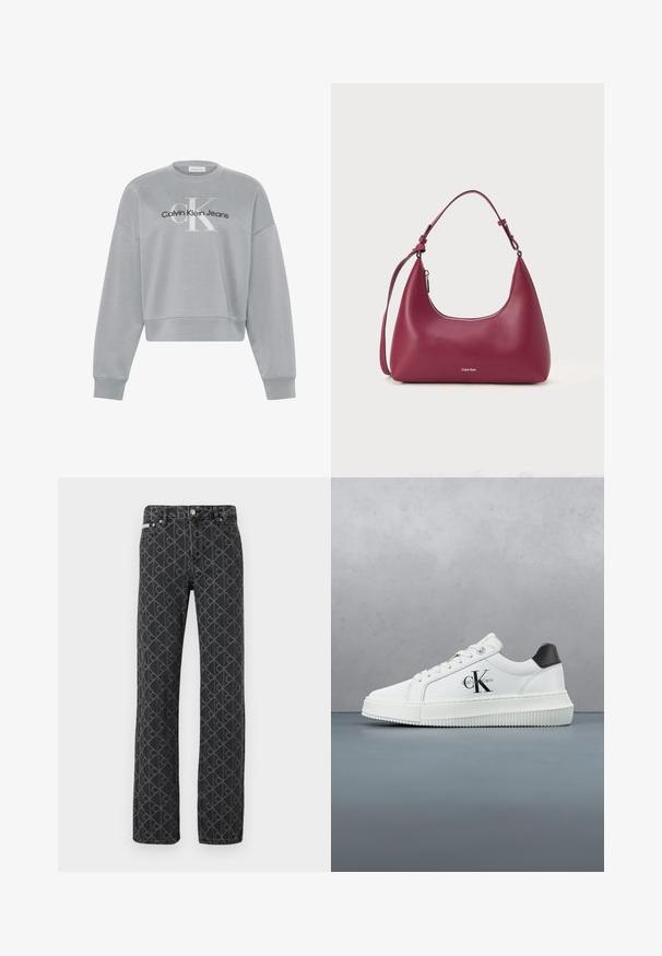 Svetlosivá orezaná mikina s dlhými rukávmi, s bielym logom "cK" a čiernym logom "Calvin Klein Jeans" umiestneným v strede prednej strany.; Čierne rifle z denimu s jemným celoplošným vzorom loga. Dizajn s rovnými nohavicami, štýl s piatimi vreckami a kovové zapínanie na gombík.; Biele nízke tenisky s čiernym pätkovým dielom, platformovou podrážkou, šnúrkami a logom "CK" značky Calvin Klein na boku.; Bordová kožená kabelka s zakriveným tvarom, jedným nastaviteľným popruhom a zipsom na uzatváranie. Na prednej strane sa nachádza strieborné logo. Hladká textura.