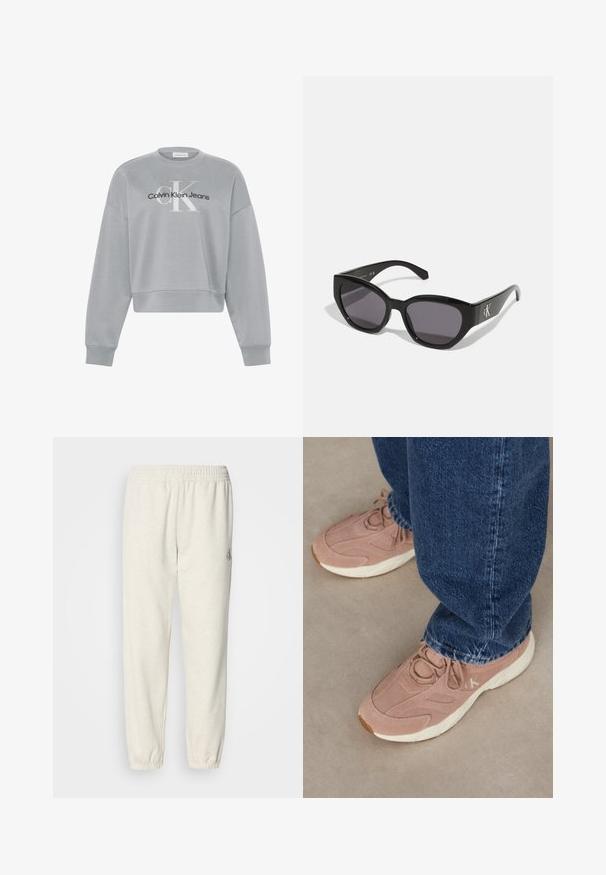 Hellgraues, kurz geschnittenes Sweatshirt mit langen Ärmeln, auf der Vorderseite mittig mit weißem "cK" und schwarzem "Calvin Klein Jeans" Logo.; Helle beigefarbene Jogginghosen aus weichem Stoff, mit einem elastischen Bund und schmal zulaufenden Säumen, sowie einem kleinen Logo-Detail am linken Bein.; Helle pinke Sportschuhe mit einem strukturierten Wildleder-Obermaterial, ausgestattet mit einer weißen Laufsohle und dezentem Branding, kombiniert mit dunkelblauen Denim-Jeans.; Schwarze Sonnenbrille mit einem schlanken, kantigen Design, dunklen Gläsern und einem kontrastierenden silbernen Logo an der Seite. Glatte Kunststoffoberfläche.