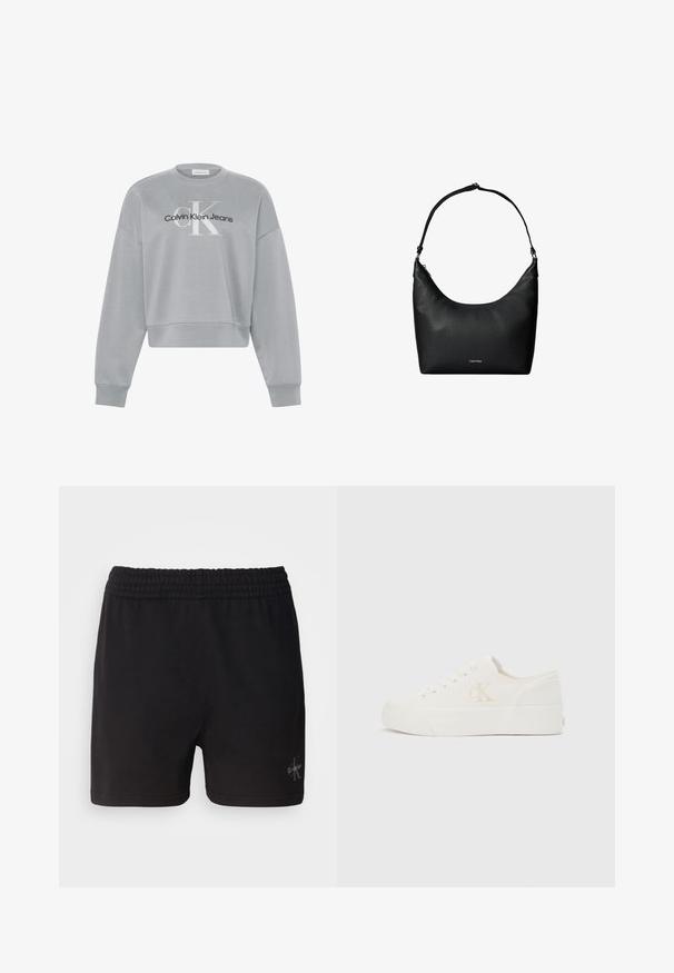 Lysegrå cropped sweatshirt med lange ærmer, der har hvid "cK" og sort "Calvin Klein Jeans" logo centreret på forsiden.; Sorte bomuldsshorts med elastisk talje og Calvin Klein-logo i sølv i nederste højre hjørne. Glat tekstur.; Hvid lavt snøresko med tyk sål og "cK"-logo på siden, snørebånd foran og minimalistisk design på neutral baggrund.; Sort tekstureret læder skuldertaske med en enkelt rem og et lille Calvin Klein-logo foran i midten.