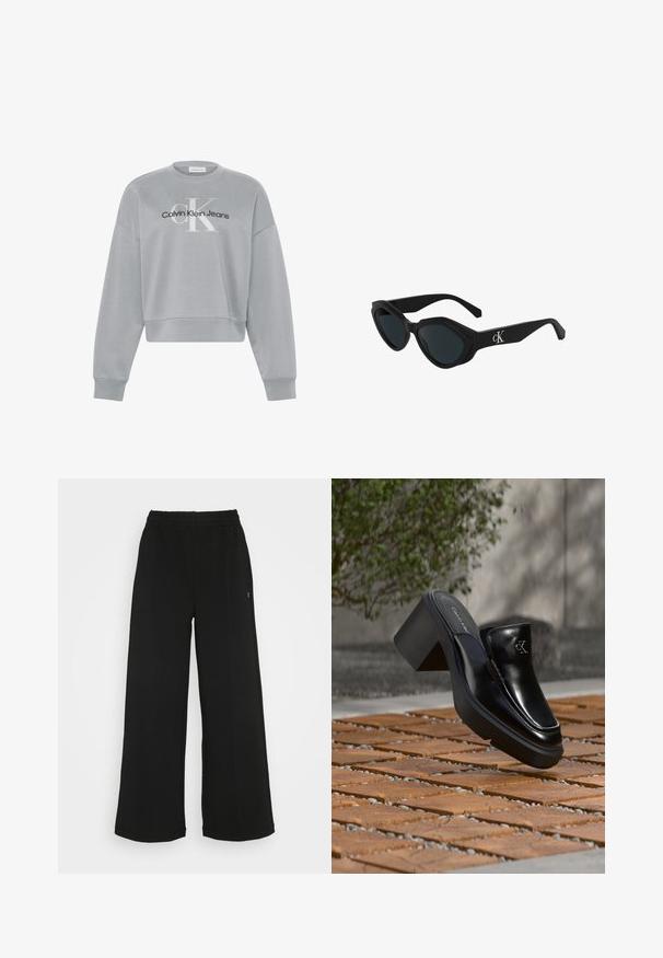 Lichtgrijs cropped sweatshirt met lange mouwen, met wit "cK" en zwart "Calvin Klein Jeans" logo gecentreerd aan de voorkant.; Zwarte wijde broek met een elastische tailleband. Gemaakt van een zachte, lichte stof. Heeft verticale naden aan de voorkant.; Zwarte leren Calvin Klein slip-on mule met blokhak rustend op houten tegels buiten, vlak bij een groene plant en een grijze muur.; Zwarte cat-eye zonnebril met een glanzende afwerking, donkere lenzen en een "cK" logo op de poot. Hoekig ontwerp en dikke monturen.