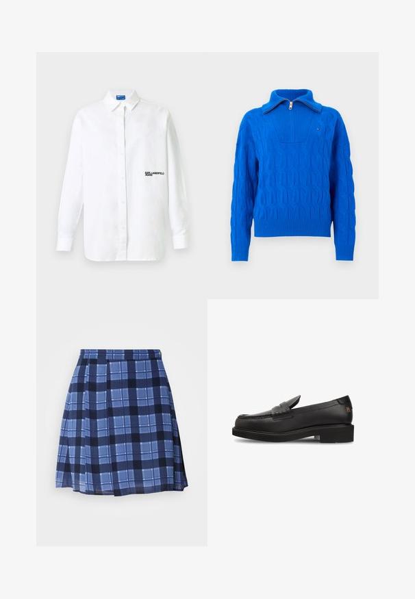 Helles, blaues Strickoberteil mit langen Ärmeln und einem halben Reißverschlusskragen vor einem weißen Hintergrund.; Weißes Hemd mit langen Ärmeln, Knopfleiste und Kragen sowie schwarzem "KARL LAGERFELD JEANS"-Schriftzug auf der linken Brust.; Blauer Karo-Rock mit Falten, der verschiedene Blautöne und dunkle Marine-Muster aufweist. Hergestellt aus einem leichten Stoff, mit subtiler Markenkennzeichnung.; Schwarzer Lederloafer mit abgerundetem Zehenbereich, gesteppten Details und kleinem Absatz. Glatte Textur und minimalistisches Design mit dezentem Logoakzent.