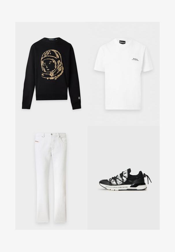 Sweat-shirt noir à manches longues avec un grand motif casque d’astronaute imprimé léopard beige et noir sur l’avant et un petit logo sur le poignet de la manche gauche.; T-shirt Barbour blanc à manches courtes avec petit logo texte noir sur le côté gauche de la poitrine et étiquette noire au niveau du col sur fond uni.; Jean blanc à jambes droites avec poches avant et arrière, passants pour ceinture, et fermeture par bouton métallique à la taille.; Sneakers Versace Jeans Couture en noir et blanc avec logo sur le côté, lacets noirs et une languette au talon sur fond blanc.