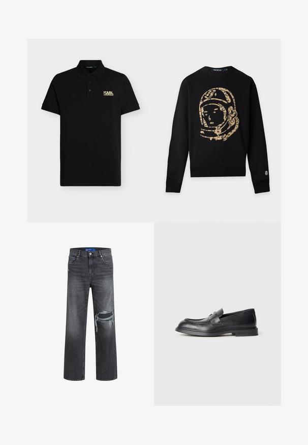 Sweat-shirt noir à manches longues avec un grand motif casque d’astronaute imprimé léopard beige et noir sur l’avant et un petit logo sur le poignet de la manche gauche.; Polo noir à manches courtes avec col, patte à trois boutons et petit logo doré "KARL LAGERFELD" sur la poitrine gauche.; Jean en denim noir avec une coupe décontractée, présentant des détails usés et une jambe large. La texture est lisse avec un léger dégradé.; Mocassins en cuir noir avec une finition texturée, dotés d'une bride décorative à l'avant et d'un bout arrondi. Semelle en caoutchouc pour plus de durabilité.