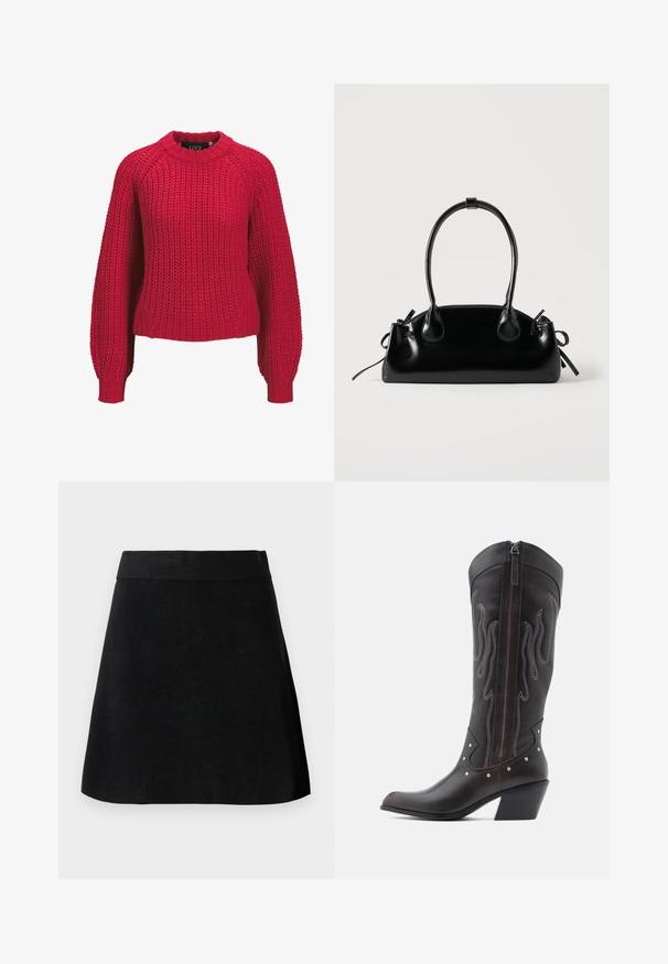 Pull rouge en maille épaisse avec manches ballon longues et col rond côtelé ainsi que poignets côtelés, présenté de face sur un fond blanc.; Jupe noire en ligne A avec une large ceinture, texture lisse et design simple, présentée sur un fond gris clair.; Bottes de cowboy en cuir marron avec surpiqûres en forme de flammes, fermeture éclair latérale, clous argentés, bout pointu et talon superposé.; Petit sac à main noir brillant avec deux longues anses et des détails à cordon sur les côtés sur un fond clair uni.