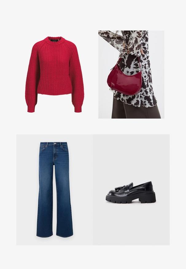 Rød chunky strikket sweater med lange ballonærmer og ribbet rund halsudskæring og manchetter, vist forfra på en hvid baggrund.; Vidde ben denim jeans i mørkeblå med en tekstureret overflade, der har en knaplukning, fem lomme-design og lige kant.; Sorte læder loafers med en klumpet, bølget sål, der har en dekorativ kvast på forsiden og en glat, blank overflade.; Kvinde iført en sort- og hvidmønstret bluse, der holder en blank rød skuldertaske mod en ensfarvet baggrund.
