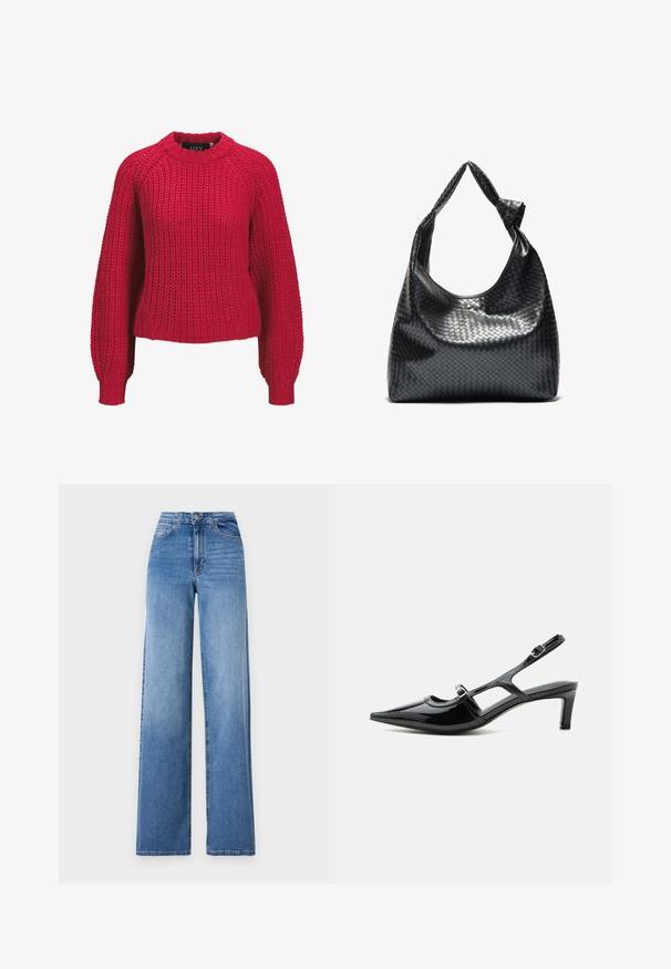Roter grob gestrickter Pullover mit langen Ballonärmeln und geripptem Rundhalsausschnitt sowie Bündchen, Vorderansicht auf weißem Hintergrund.; Helleblaue, weit geschnittene Jeans aus Denim mit hoher Taille, Vorderaschen und einem normalen Knopfverschluss. Glatte Textur.; Schwarzer Slingback-Schuh aus Lackleder mit spitzer Kappe, niedrigem Absatz und zwei verstellbaren Schnallenriemen, seitlich dargestellt.; Schwarze gewebte Lederhandtasche mit lässigem Design, ausgestattet mit einem geknoteten Trageriemen und einem kleinen dekorativen goldenen Nagel am oberen Rand.