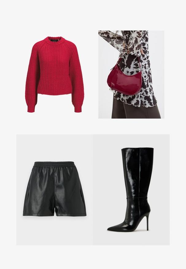 Roter grob gestrickter Pullover mit langen Ballonärmeln und geripptem Rundhalsausschnitt sowie Bündchen, Vorderansicht auf weißem Hintergrund.; Schwarze Shorts aus Kunstleder mit elastischem Bund, die eine glatte Textur und einen lockeren Schnitt bieten. Keine sichtbaren Muster oder Akzente.; Schwarze Leder-Knielange Stiefel mit spitzem Schuh und hohem Stiletto-Absatz. Glatte Textur und elegantes Design, das sich durch minimale Details auszeichnet.; Frau trägt eine schwarz-weiß gemusterte Bluse und hält eine glänzende rote Schultertasche vor einem einfarbigen Hintergrund.
