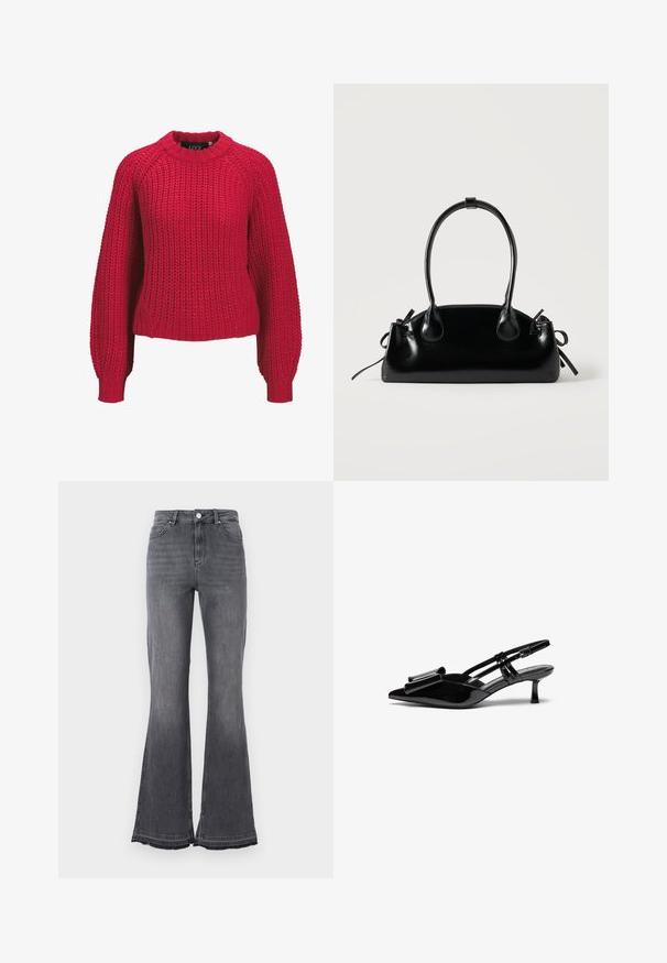 Pull rouge en maille épaisse avec manches ballon longues et col rond côtelé ainsi que poignets côtelés, présenté de face sur un fond blanc.; Jean flare taille haute en denim noir délavé. Doté d'une fermeture par bouton, d'un design à cinq poches et de détails à ourlet effiloché.; Talons aiguilles en cuir verni noir avec un bout pointu, un détail en nœud à l'avant et un petit talon stiletto. Les brides sont équipées de boucles ajustables.; Petit sac à main noir brillant avec deux longues anses et des détails à cordon sur les côtés sur un fond clair uni.
