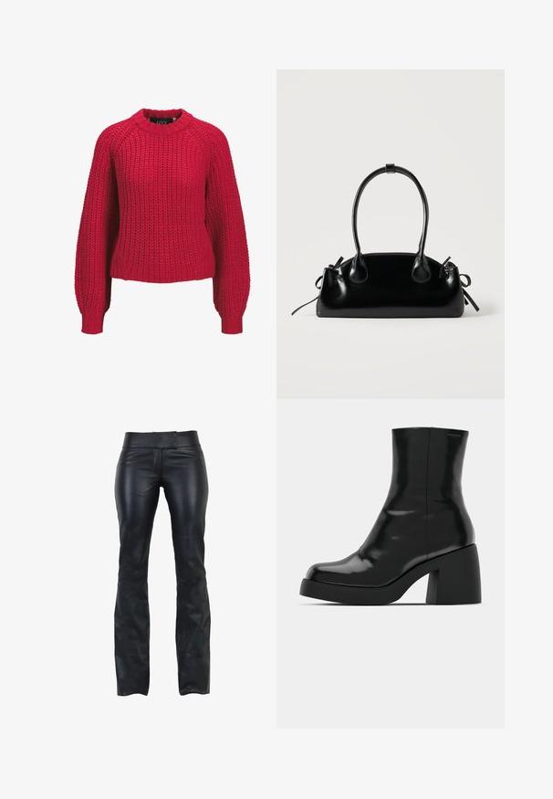 Rød chunky strikket sweater med lange ballonærmer og ribbet rund halsudskæring og manchetter, vist forfra på en hvid baggrund.; Sorte læderbukser med slim fit, flad talje og udskæring i bunden. Glat tekstur og minimalistisk design uden synligt hardware.; Sorte ankelstøvler med en blank finish, firkantet tå og en tyk blokhæl. Designet har en strømlinet silhuet og minimal branding.; Lille sort blank håndtaske med to lange håndtag og snøre-detaljer i siden på en ensfarvet lys baggrund.
