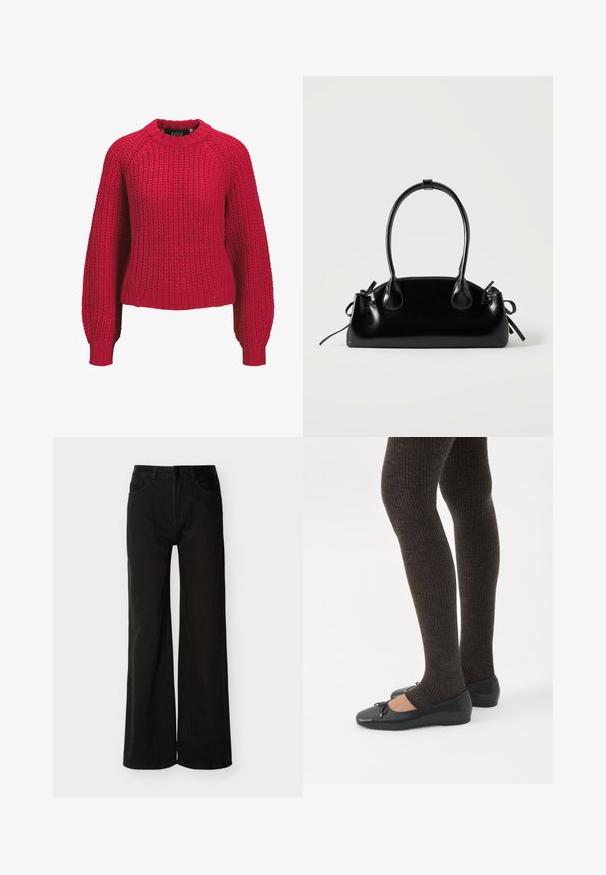 Pull rouge en maille épaisse avec manches ballon longues et col rond côtelé ainsi que poignets côtelés, présenté de face sur un fond blanc.; Jean denim noir à taille haute et jambes larges, avec fermeture à bouton et fermeture éclair à l'avant, poches avant et arrière, présenté sur fond blanc.; Jambes portant des leggings côtelés foncés associés à des ballerines noires avec de petits détails en nœud sur fond blanc.; Petit sac à main noir brillant avec deux longues anses et des détails à cordon sur les côtés sur un fond clair uni.
