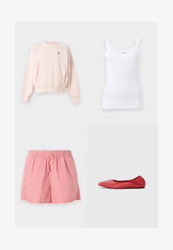 Sweat-shirt rose clair à manches longues avec col rond, poches avant et petit logo renard brodé sur la poitrine gauche.; Débardeur blanc côtelé avec larges bretelles et encolure dégagée, présenté sur un fond uni clair.; Shorts roses en tissu léger, dotés d'une ceinture élastique avec un cordon de serrage, fentes latérales pour faciliter les mouvements.; Filippa K REY FLATS - Ballerines - bright red