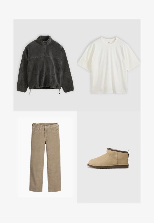 Pull polaire gris foncé avec zip quart, col haut et ourlet à cordon. Texture douce avec une surface légèrement texturée.; T-shirt blanc à manches courtes en coton. Col rond, coupe décontractée, marquage discret sur la poitrine et une étiquette rouge à l'ourlet.; Pantalon en velours côtelé de couleur brun clair, au design ample, doté d'une fermeture à bouton et à zip, de cinq poches et d'une texture douce et côtelée.; Bottine beige en daim avec un bout rond, dotée d'un accent marron en haut. Doublure intérieure douce et semelle en caoutchouc texturée.