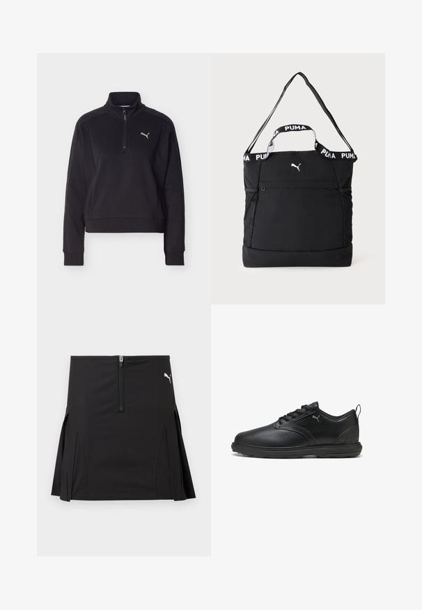 Sudadera negra de manga larga con cremallera de un cuarto y cuello alto, con un pequeño logo plateado de Puma en el lado izquierdo del pecho.; Falda deportiva negra con cremallera frontal y pliegues laterales, con un logo blanco de Puma en la parte superior derecha.; Zapato de cuero negro con un acabado suave, panel lateral texturizado, diseño de cordones y cuello acolchado. Presenta un logo sutil y acentos con patrón.; Bolsa tote negra Puma con dos asas, una correa de hombro ajustable, bolsillos laterales de malla y un pequeño logo blanco de Puma en la parte delantera.