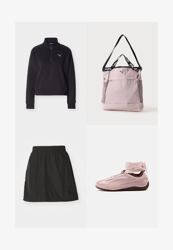 Pull-over noir à manches longues avec une fermeture éclair sur un quart et un col montant, présentant un petit logo Puma argenté sur le côté gauche de la poitrine.; Jupe de sport noire avec une taille élastique, tissu léger, ourlet droit et un discret logo brodé en bas à droite.; Baskets basses rose clair avec semelle foncée, design épuré et rubans noués autour de la cheville pour un effet enveloppant décoratif.; Sac fourre-tout Puma rose clair avec bandoulière noire, poignées courtes avec logo Puma, poche avant zippée et poches latérales en mesh.