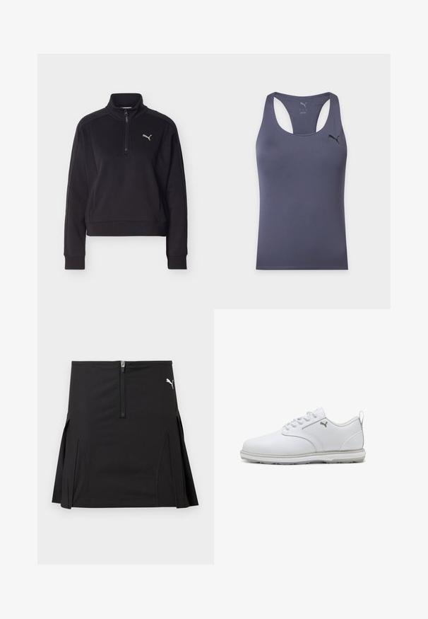 Pull-over noir à manches longues avec une fermeture éclair sur un quart et un col montant, présentant un petit logo Puma argenté sur le côté gauche de la poitrine.; Débardeur de sport gris foncé sans manches avec dos nageur et petit logo noir Puma sur le haut gauche de la poitrine.; Jupe de sport noire avec fermeture éclair à l'avant et plis latéraux, arborant un logo Puma blanc sur le côté supérieur droit.; Baskets blanches avec une tige en cuir synthétique lisse, des accents texturés, un col rembourré, et une semelle en caoutchouc offrant une bonne adhérence. Détail de logo argenté.