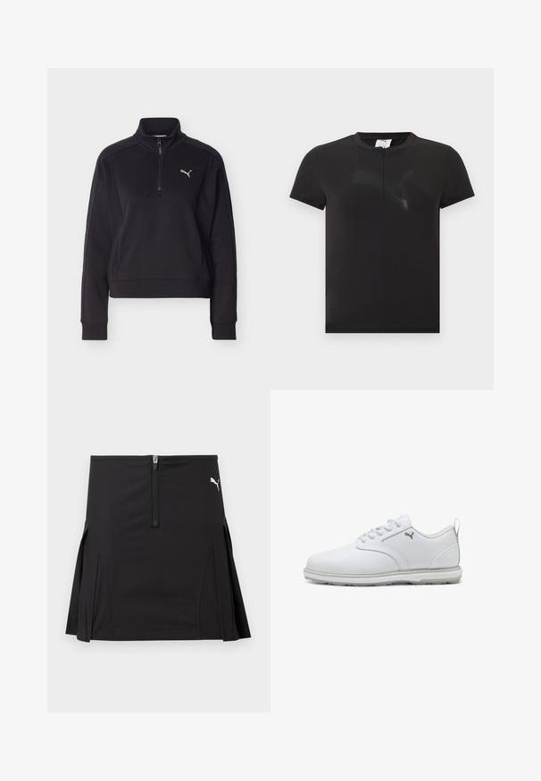 Must pikkade varrukatega pullover, millel on veerandi pikkune lukk ja kõrge krae, vasakul rinnal väike hõbedane Puma logo.; Must must lühikeste varrukatega sportlik särk, millel on väike eesmine lukk ja rinnal peen tekstuuriga Puma logo.; Mustad sportlik seelik esivõtme ja külgsete voldikutega, ülemisel paremal küljel valge Puma logoga.; Valged spordijalatsid siledast sünteetilisest nahast pealsega, tekstureeritud aktsentidega, pehmendatud krae ja kummist sisetallaga, mis tagab hea haarde. Hõbedane logo detail.