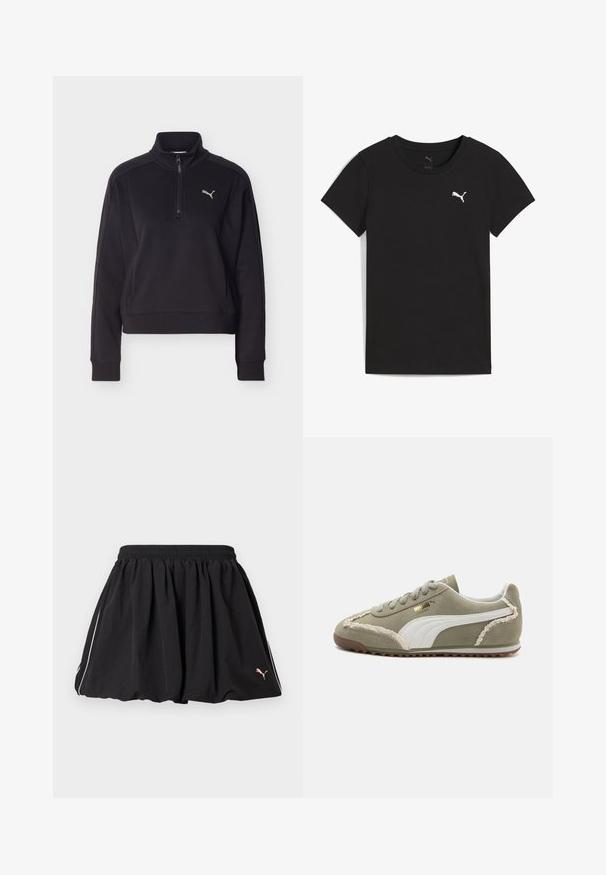 Sudadera negra de manga larga con cremallera de un cuarto y cuello alto, con un pequeño logo plateado de Puma en el lado izquierdo del pecho.; Camiseta negra de manga corta Puma con cuello redondo y logo blanco de Puma en el pecho izquierdo.; Falda deportiva corta negra con cintura elástica, ribete blanco lateral y pequeño logo de Puma en el lado inferior derecho.; Zapatillas de ante verde con acentos de cuero blanco, costuras texturizadas, parte frontal con cordones y suela de goma. Presenta detalles de diseño únicos a lo largo de los lados.