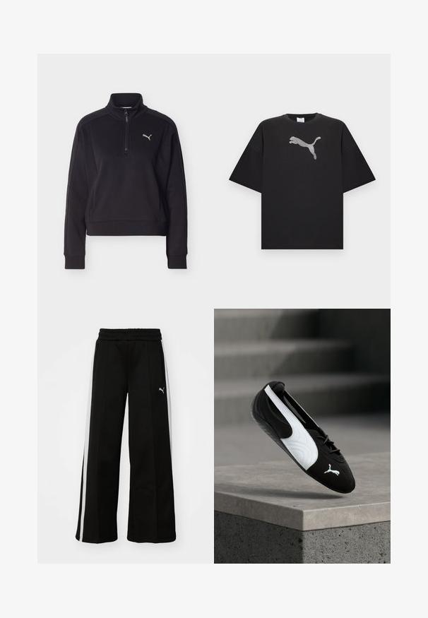 Sudadera negra de manga larga con cremallera de un cuarto y cuello alto, con un pequeño logo plateado de Puma en el lado izquierdo del pecho.; Camiseta negra de gran tamaño con mangas cortas, que presenta un gran logo blanco de Puma en el centro del frente.; Pantalones anchos negros con cintura elástica, rayas blancas verticales, bolsillos laterales con cremallera y un pequeño logo en el muslo.; Zapatilla Puma en blanco y negro con cordones flotando sobre un borde de hormigón contra un fondo borroso de escaleras grises.