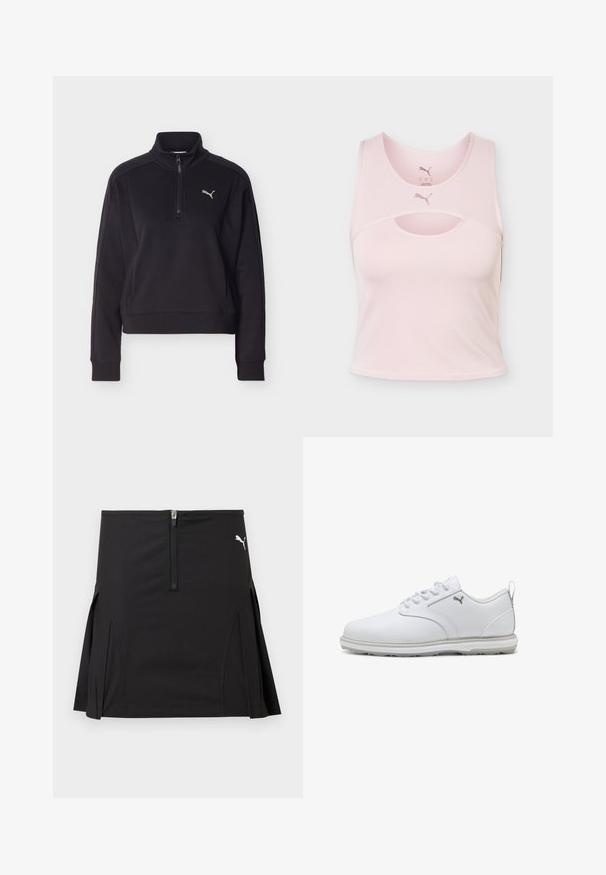 Schwarzer Langarm-Pullover mit Viertelreißverschluss und hohem Kragen, der auf der linken Brust ein kleines silbernes Puma-Logo trägt.; Hellrosa ärmelloses Sport-Crop-Top mit Rundhalsausschnitt, Cut-out-Detail und Puma-Logo vorne mittig und innen am Kragen.; Schwarzer Sportrock mit einem Reißverschluss vorne und seitlichen Falten, versehen mit einem weißen Puma-Logo auf der oberen rechten Seite.; Weiße Sportschuhe mit glattem Obermaterial aus synthetischem Leder, strukturierten Akzenten, gepolsterter Knöchelstütze und gummierter Sohle mit guter Traktion. Silberne Logodetails.