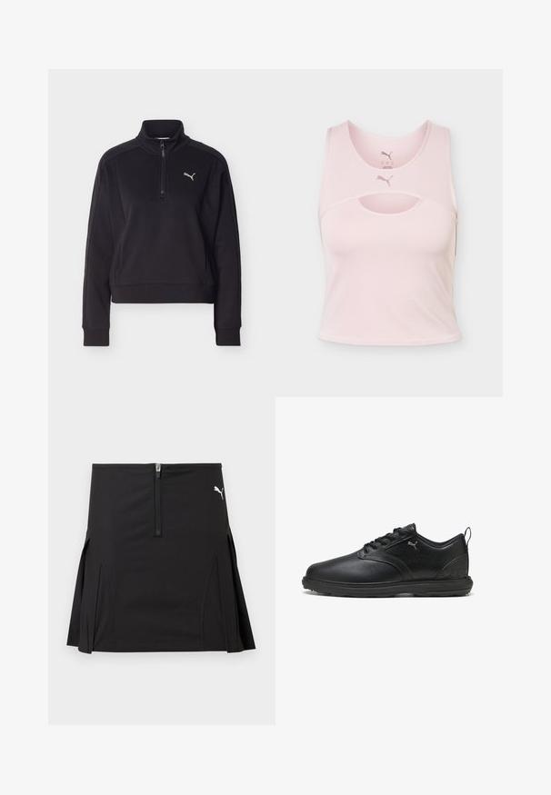 Musta pitkähiha-pullover, jossa neljänneksen mittainen vetoketju ja korkea kaulus, vasemmassa rinnassa pieni hopeinen Puma-logo.; Vaaleanpunainen hihaton urheilucrop-toppi, jossa pyöreä pääntie, leikkausdetalji ja Puman logo etuosan keskellä sekä kauluksen sisällä.; Musta urheiluhame, jossa on etuvetoketju ja sivutaitokset, valkoisella Puma-logolla oikeassa yläkulmassa.; Musta nahkakenkä, jossa on sileä pinta, teksturoitu sivupaneeli, nauhoitettava malli ja pehmustettu kaulus. Sisältää hienovaraisen logon ja kuvioidut korostukset.