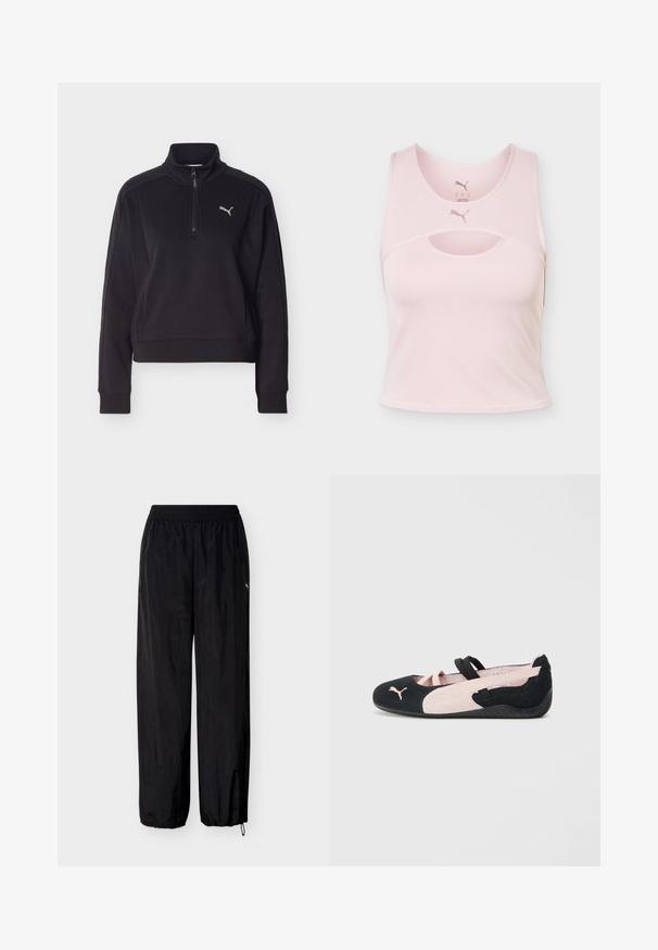 Pull-over noir à manches longues avec une fermeture éclair sur un quart et un col montant, présentant un petit logo Puma argenté sur le côté gauche de la poitrine.; Crop top de sport sans manches rose clair avec encolure arrondie, détail découpé et logo Puma au centre devant et à l’intérieur du col.; Pantalon de survêtement noir léger en nylon avec taille élastique, cordons de serrage aux chevilles et petit logo Puma blanc sur la cuisse droite.; Ballerines en suède noir et rose clair avec des sangles élastiques, un bout arrondi et une semelle en caoutchouc texturée, arborant un petit logo à l'avant.