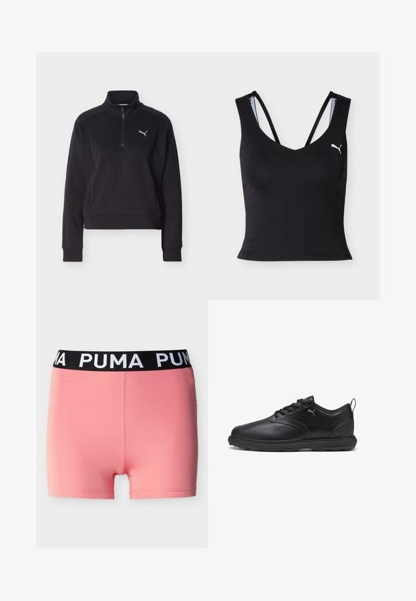 Pull-over noir à manches longues avec une fermeture éclair sur un quart et un col montant, présentant un petit logo Puma argenté sur le côté gauche de la poitrine.; Débardeur de sport noir raccourci avec fines bretelles doubles et logo Puma blanc sur le côté gauche de la poitrine.; Shorts de sport roses avec une ceinture élastique noire portant le texte blanc "PUMA", présentés sur un fond clair uni.; Chaussure en cuir noir avec une finition lisse, panneau latéral texturé, design à lacets et col rembourré. Présente un logo subtil et des accents à motifs.