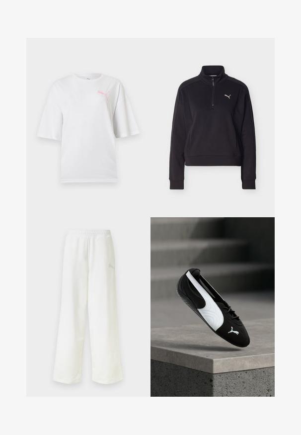 Pull-over noir à manches longues avec une fermeture éclair sur un quart et un col montant, présentant un petit logo Puma argenté sur le côté gauche de la poitrine.; T-shirt blanc à manches courtes avec col rond, présentant un petit logo Puma rose sur le côté gauche de la poitrine.; Pantalon de survêtement blanc à coupe ample avec une taille élastique et un logo discret sur le côté de la cuisse droite.; Baskets Puma noir et blanc avec lacets flottant au-dessus d'un rebord en béton sur un fond flou d'escaliers gris.