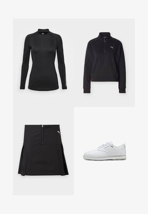 Pull-over noir à manches longues avec une fermeture éclair sur un quart et un col montant, présentant un petit logo Puma argenté sur le côté gauche de la poitrine.; Chemise noire à manches longues avec un col haut, fabriquée en tissu lisse. Présente des coutures discrètes et un logo sur la manche. Design ajusté.; Jupe de sport noire avec fermeture éclair à l'avant et plis latéraux, arborant un logo Puma blanc sur le côté supérieur droit.; Baskets blanches avec une tige en cuir synthétique lisse, des accents texturés, un col rembourré, et une semelle en caoutchouc offrant une bonne adhérence. Détail de logo argenté.